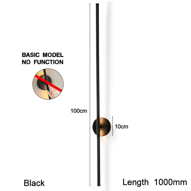 Modern black led wall sconce with a dimmable touch switch featuring a sleek rod and antique brass base for bedrooms