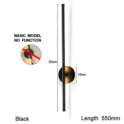 Modern black led wall sconce with dimmable touch switch featuring a minimalist vertical rod and circular brass base for bedroom