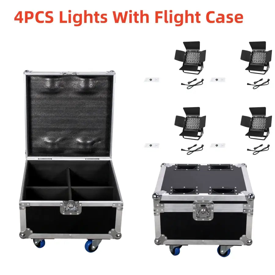 Modern black led wall wash flood light flight case with silver aluminum edges and blue wheels for decorbites led wall