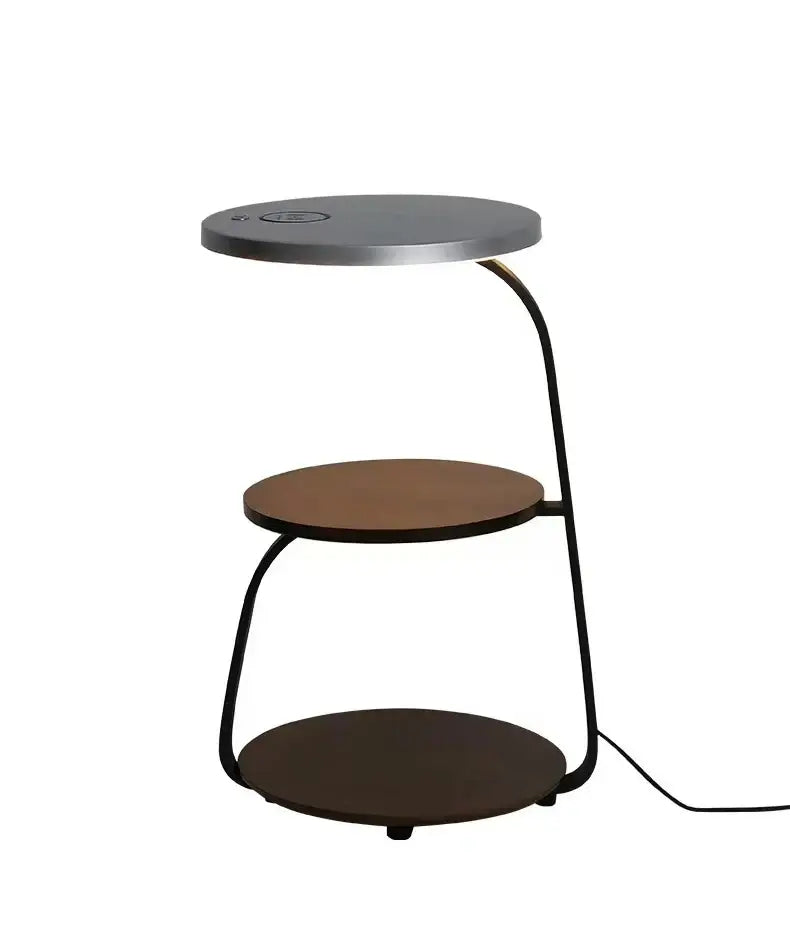 Modern black led wood shelf floor lamp with a three-tiered side table featuring matte gray and warm brown wood tones