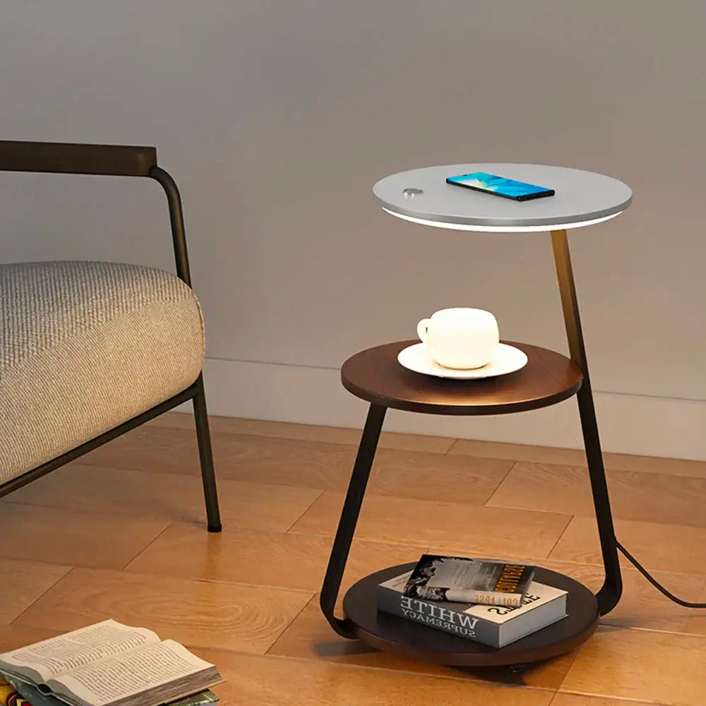 Modern black floor lamp with decorbites led wood shelf featuring minimalist two-tier design and illuminated circular top