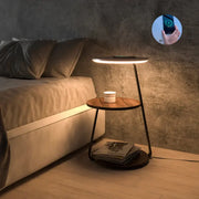 Modern black led wood shelf floor lamp with two-tier wooden shelves and sleek black metal frame for living room decorbites