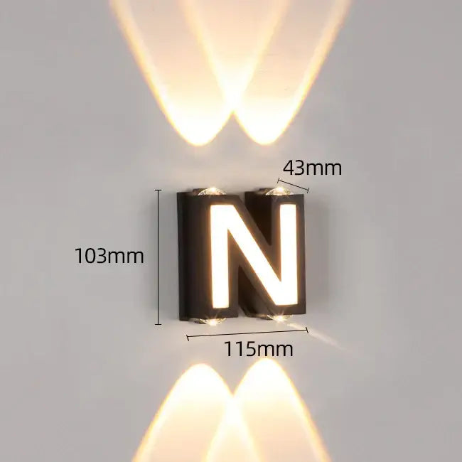 Modern black letter led wall lamp with bold illuminated n design ip65 led wall sconce for garden decorbites ip65 led