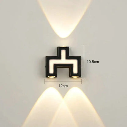 Modern black wall lamp with geometric cross design and two warm light ip65 led fixtures for outdoor decorbites use