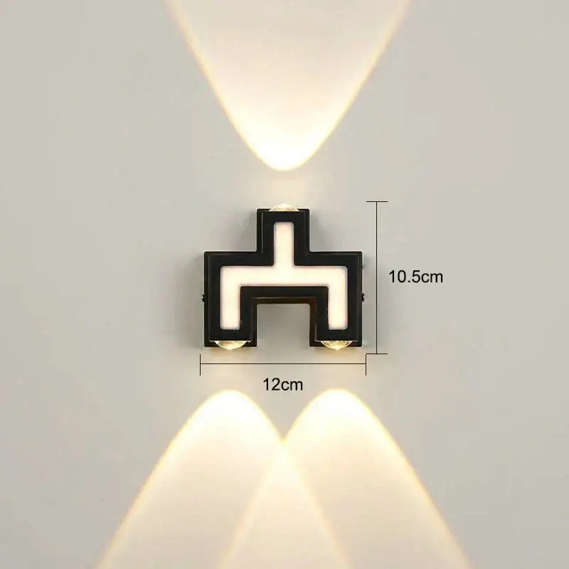 Modern black wall lamp with geometric cross design and two warm light ip65 led fixtures for outdoor decorbites use