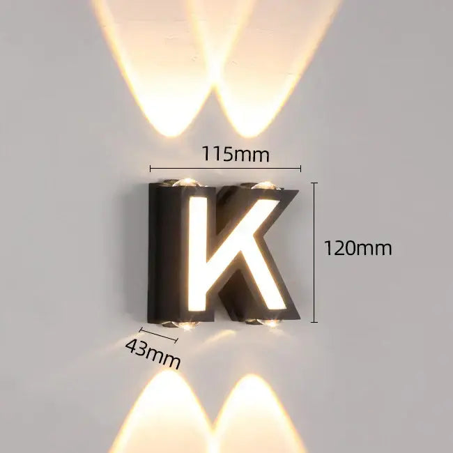 Modern black letter k led wall lamp with illuminated edges decorbites ip65 led wall sconce garden waterproof design