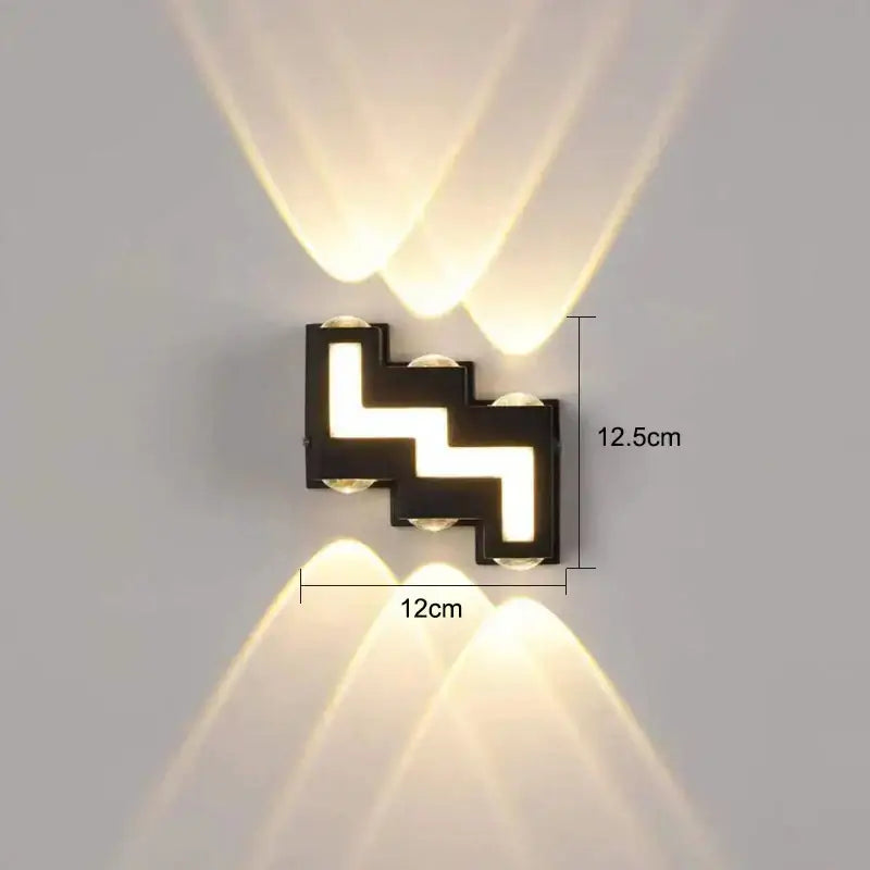 Modern black zigzag-shaped wall lamp with four warm white decorbites ip65 led lights for garden use