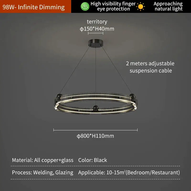 Modern black light luxury circle led chandelier with copper and glass rings illuminated by led strips for living room decorbites light luxury