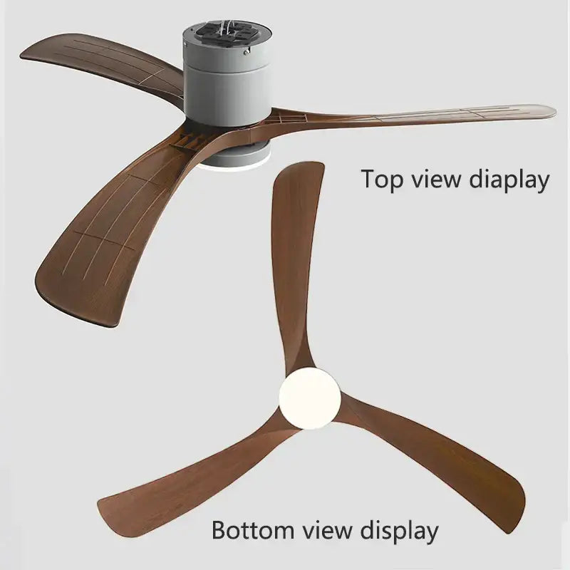 Modern black ceiling fan with brown wooden blades and integrated light fixture with remote control for bedroom use