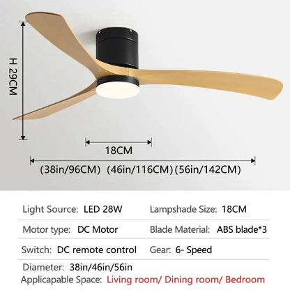 Modern black ceiling fan with three light wood blades and integrated led lamp featuring remote control for bedroom use