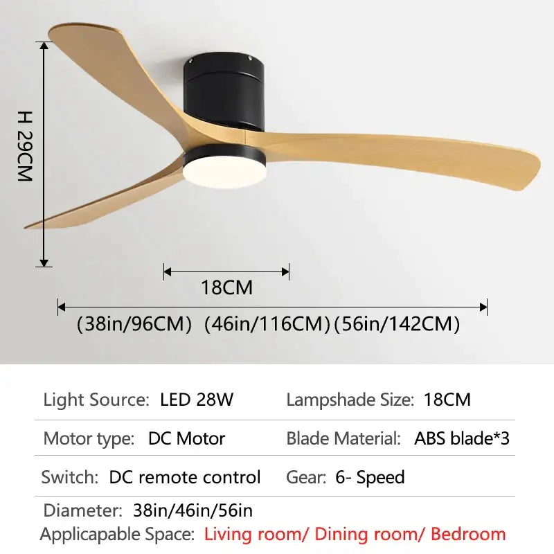 Modern black ceiling fan with three light wood blades and integrated led lamp featuring remote control for bedroom use