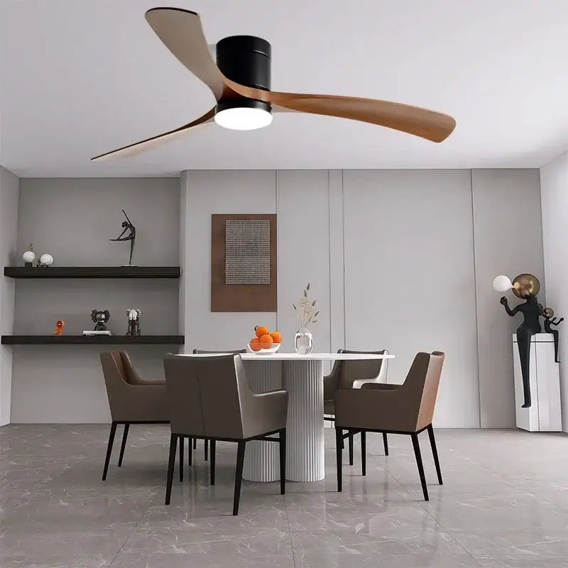 Modern black ceiling fan with three wooden blades and integrated led light with remote control for bedroom use