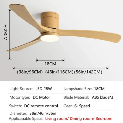 Modern black ceiling fan with three light wood abs blades and cylindrical motor housing with remote control for bedroom