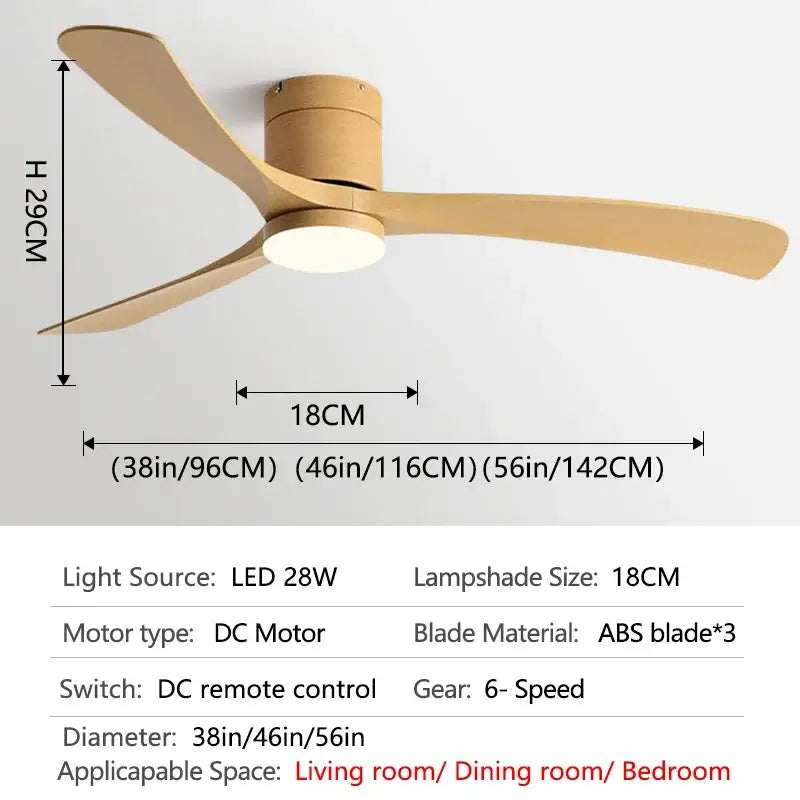 Modern black ceiling fan with three light wood abs blades and cylindrical motor housing with remote control for bedroom