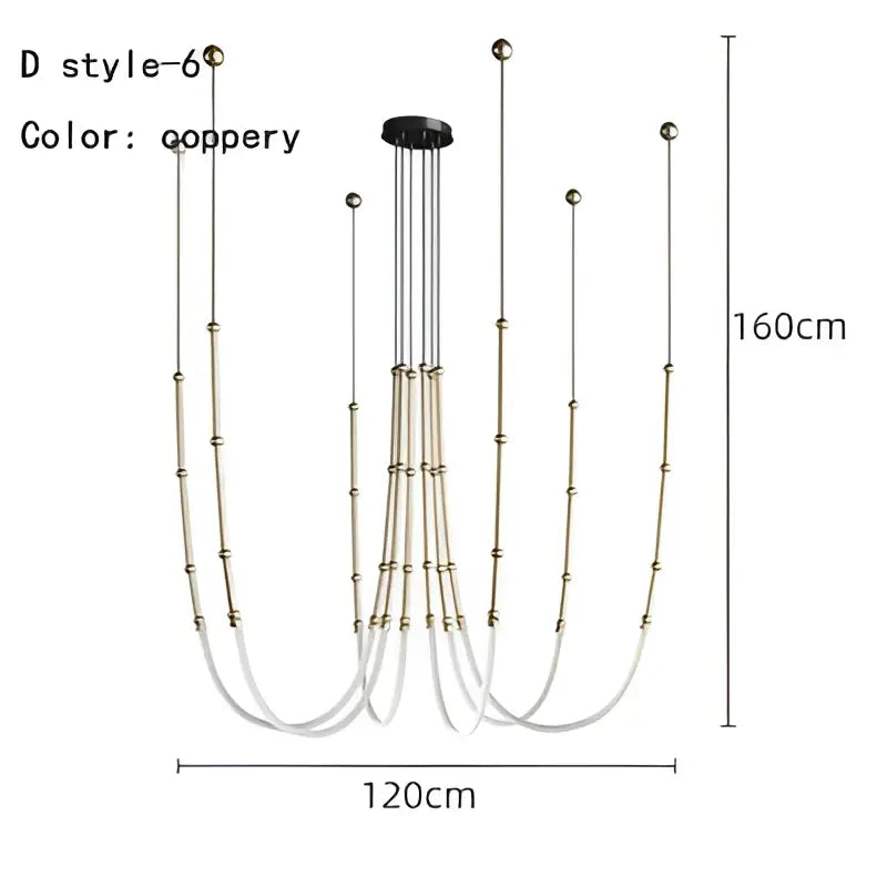 Copper-toned modern black line chandelier with six curved arms and spherical accents for dining room led light decorbites leda black