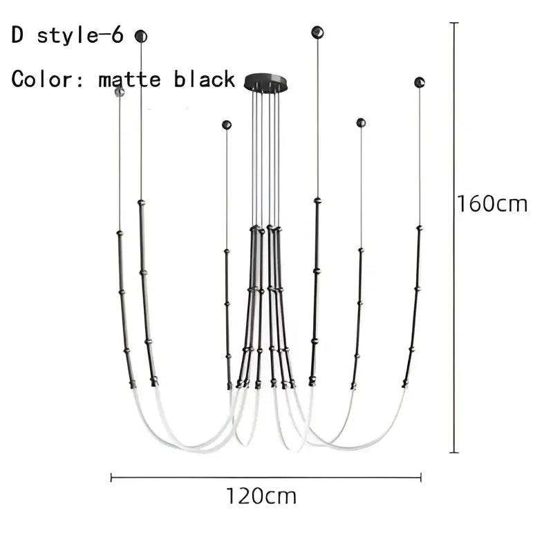 Matte black d style-6 led chandelier with curved arms and spherical accents for modern dining decorbites leda black line