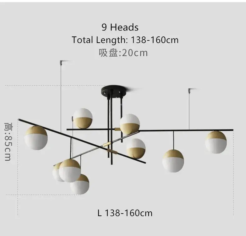 Modern black linear chandelier with nine spherical decorbites glass ball shades in white and gold for kitchen lighting