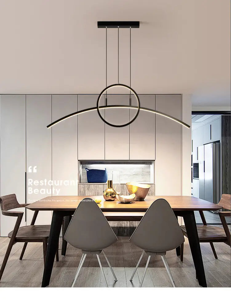 Modern black metal hanging linear design led light fixture with sleek curved and circular accent for dining room