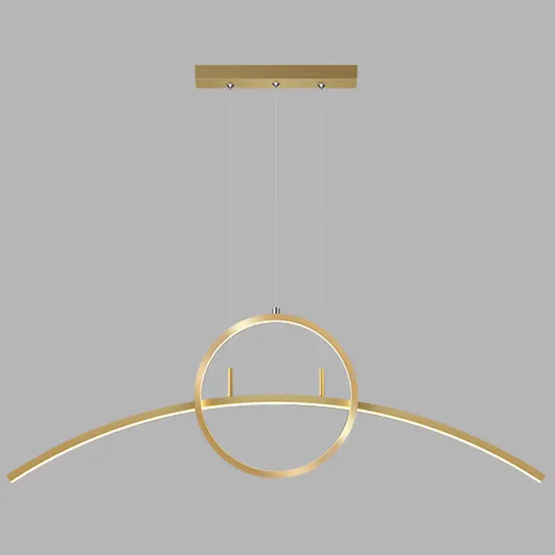 Modern black linear design led light fixture featuring a gold-toned metal hanging pendant with circular ring and curved arm