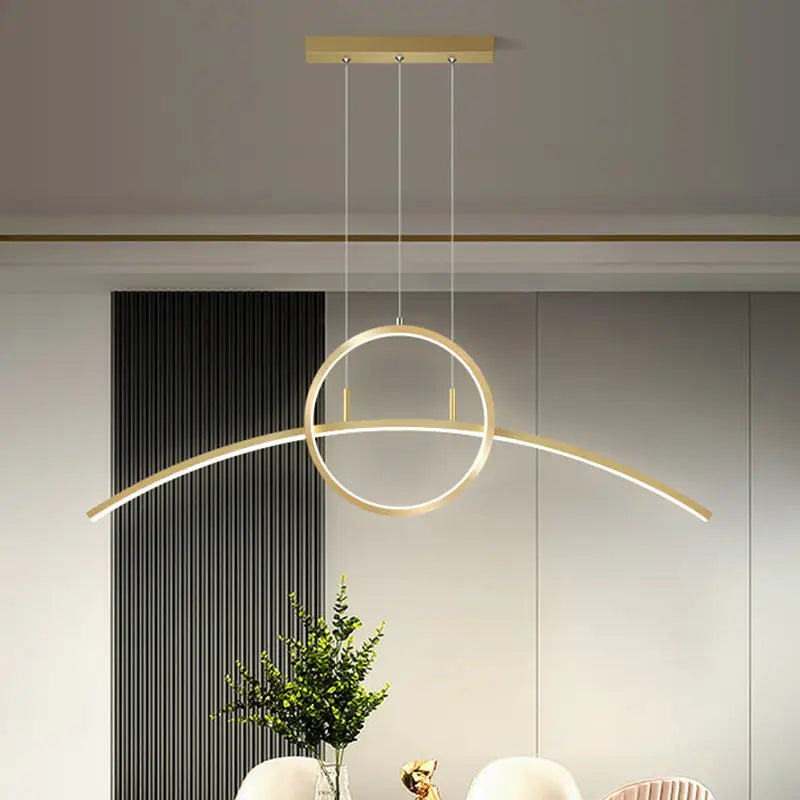 Modern black metal hanging linear design light fixture with gold-toned pendant and minimalist led lighting for dining room