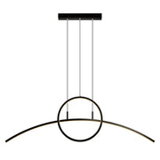 Modern black metal hanging light fixture with linear design and curved led arm emitting warm ambient glow for dining room