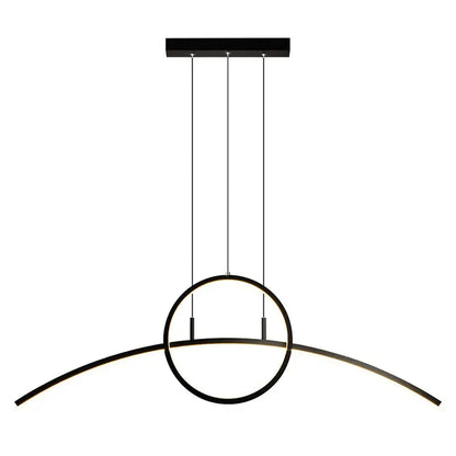 Modern black metal hanging light fixture with linear design and curved led arm emitting warm ambient glow for dining room