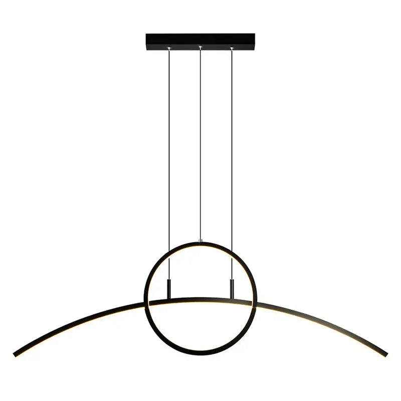 Modern black metal hanging light fixture with linear design and curved led arm emitting warm ambient glow for dining room