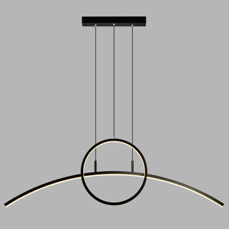 Modern black metal hanging light fixture with circular ring and curved led strip in sleek linear design for dining room