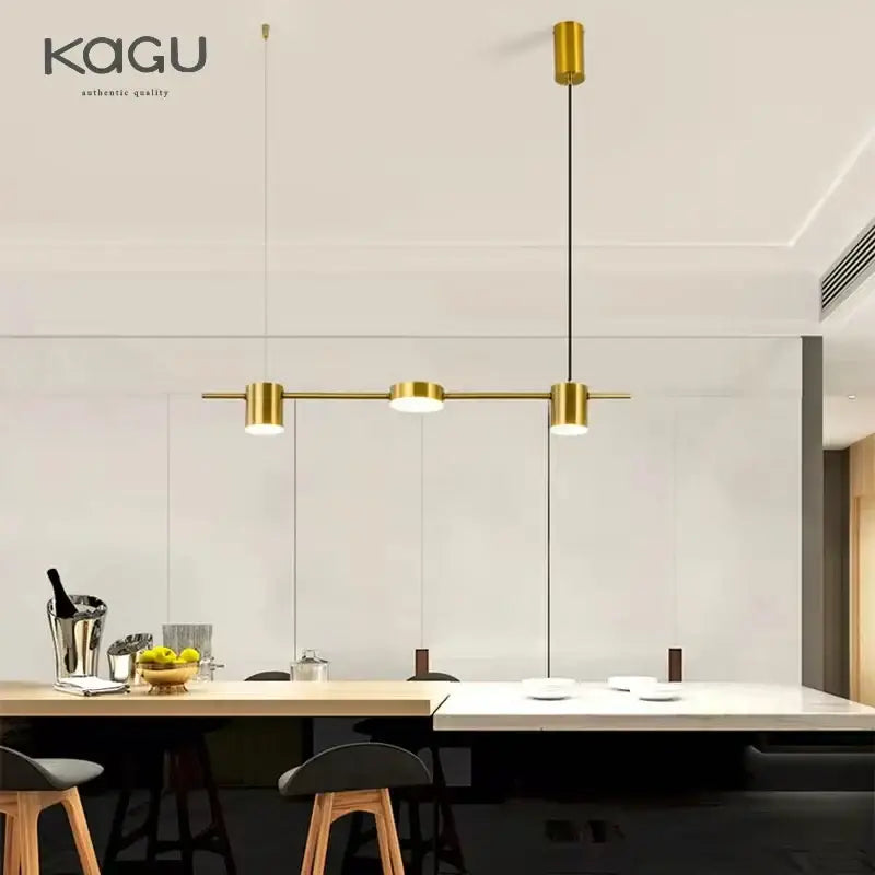Modern black linear dimmable led ceiling chandelier with gold-toned pendant light and three cylindrical bulbs by decorbites