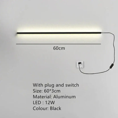 Modern black aluminum led wall sconce 60cm long with sleek linear design for bedroom wall lights dimming decorbites led wall