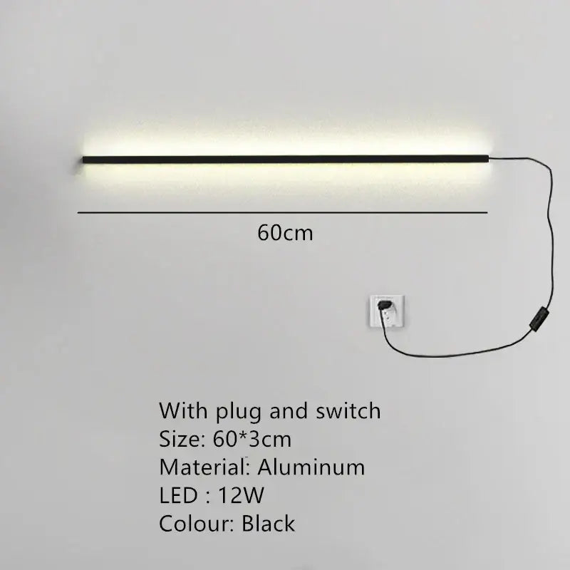 Modern black aluminum led wall sconce 60cm long with sleek linear design for bedroom wall lights dimming decorbites led wall
