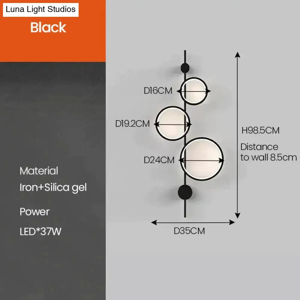 Modern black linear long led wall light with three circular iron and silica gel lights in minimalist nordic linear long design