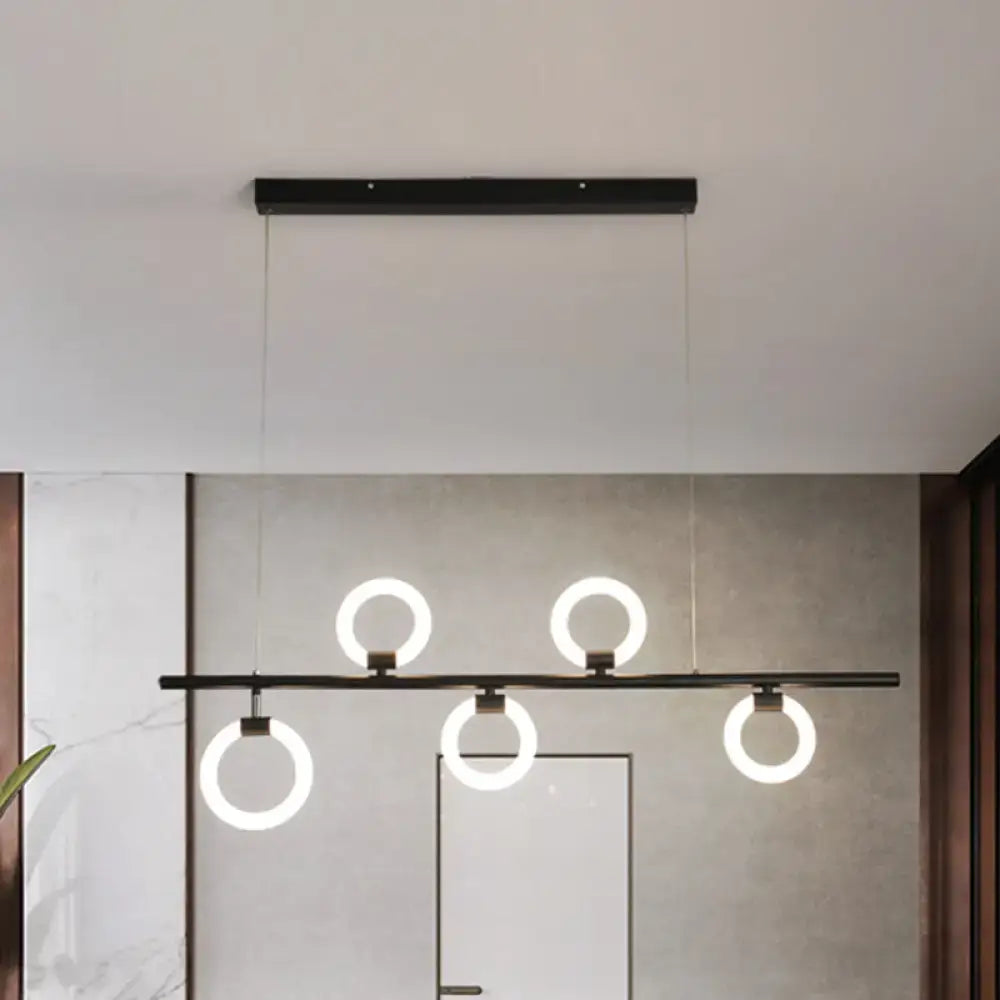 Decorbites modern nordic black metallic chandelier light fixture with five glowing led rings in linear design