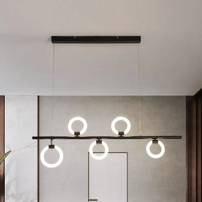 Decorbites modern nordic black metallic chandelier light fixture with five glowing led rings in linear design