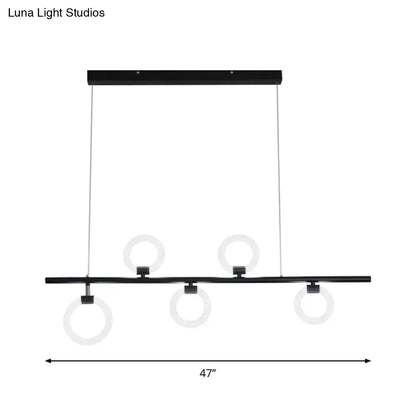 DecorBites™ modern black metallic chandelier light fixture with three frosted glass rings and linear metal design