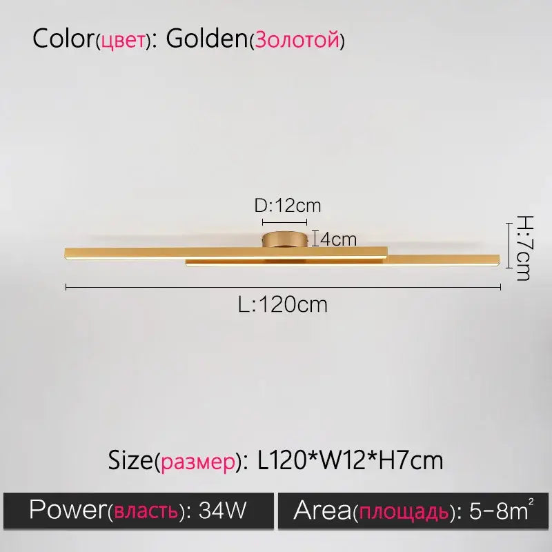 Golden modern nordic ceiling lamp with sleek linear design and brushed metal finish for living room lighting