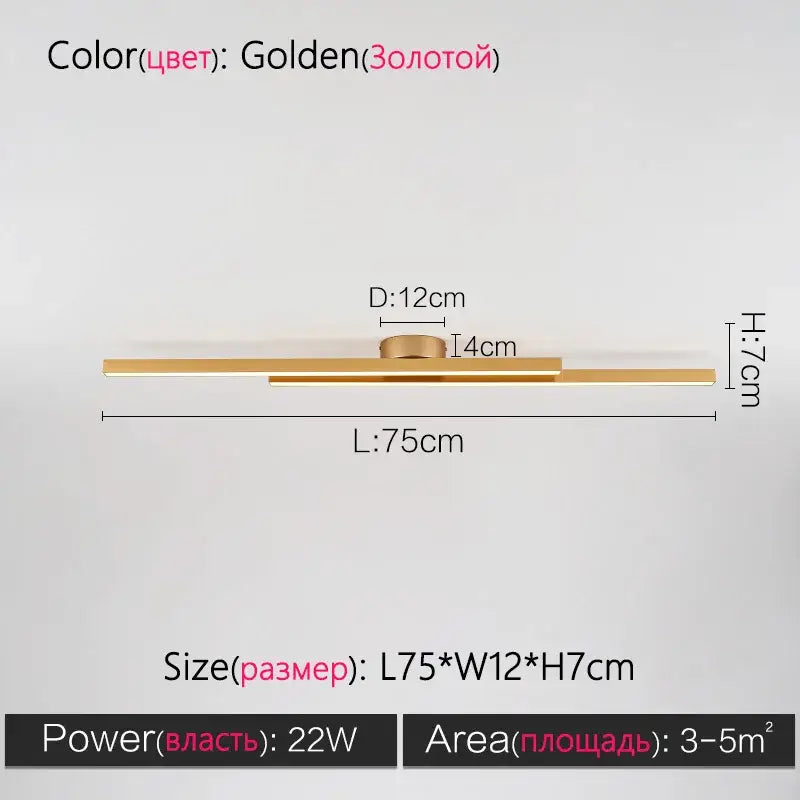 Golden modern nordic ceiling lamp with minimalist linear design and metallic finish for living room use