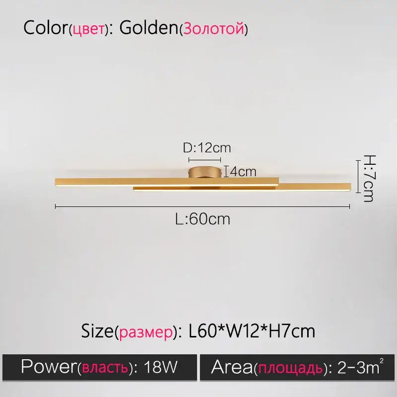 Modern nordic ceiling lamp with golden sleek minimalist design and two horizontal bars ideal for living room lighting