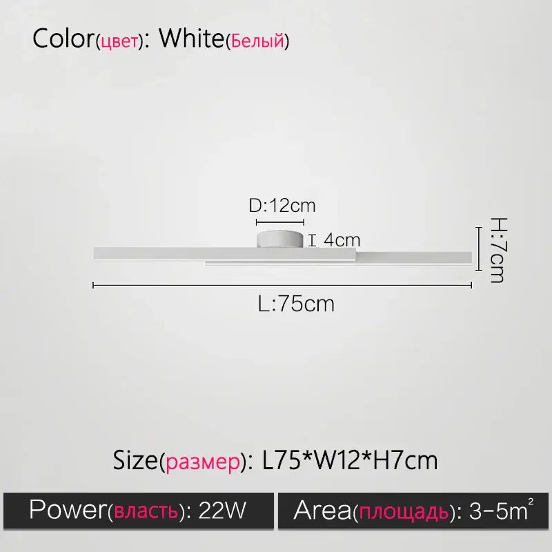 Modern black linear nordic ceiling lamp with white led ceiling light fixture measuring 75cm by 12cm by 7cm