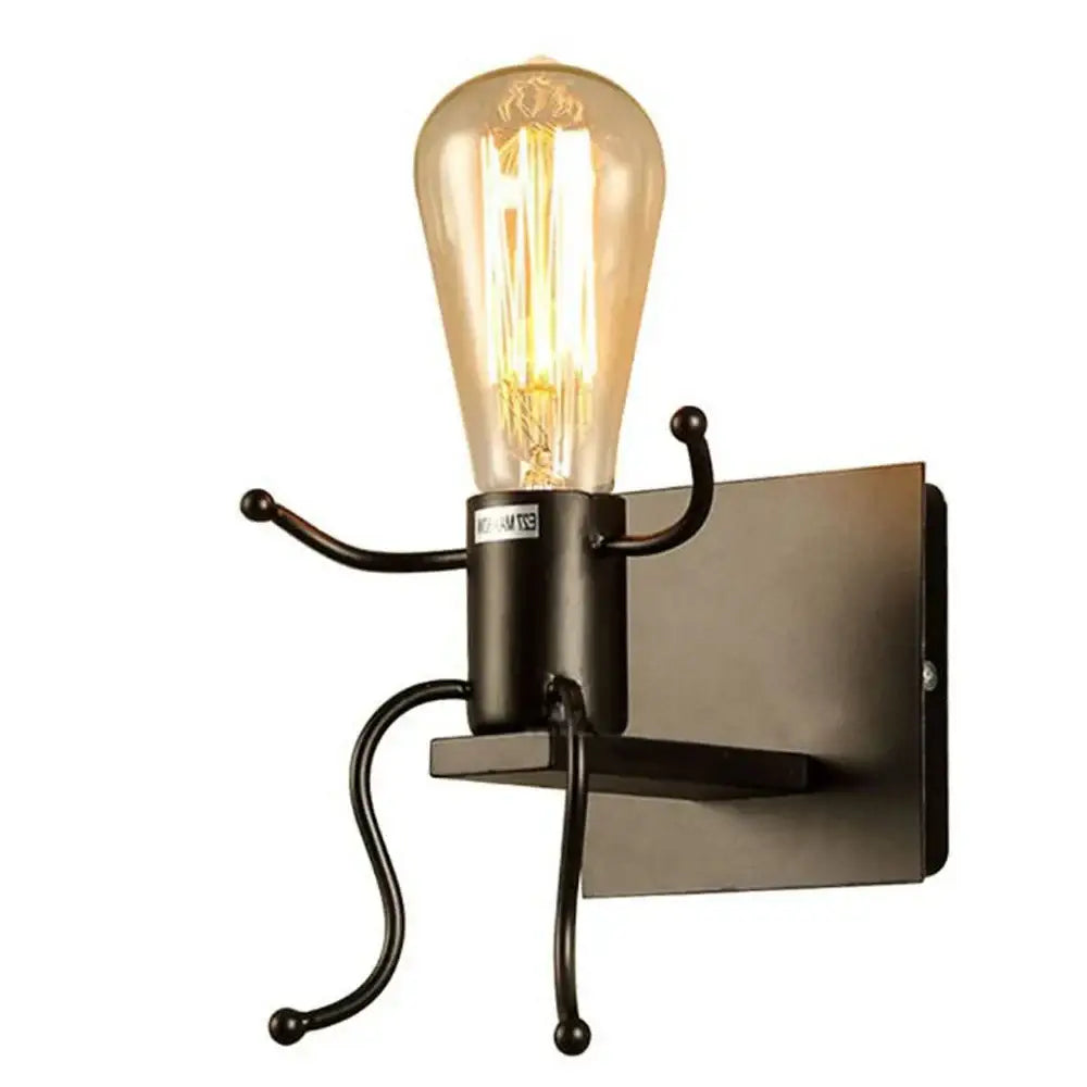 Modern black wrought iron little man led wall light with glowing amber filament bulb for bedroom sconce lighting