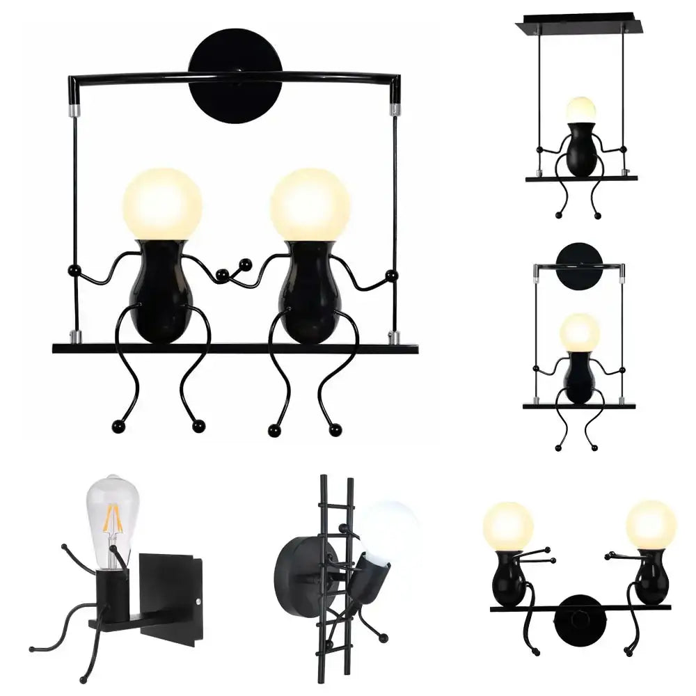 Modern black metal figurine wall light with spherical glass bulbs designed as man led wall light for bedroom use