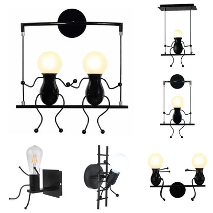 Modern black metal figurine wall light with spherical glass bulbs designed as man led wall light for bedroom use