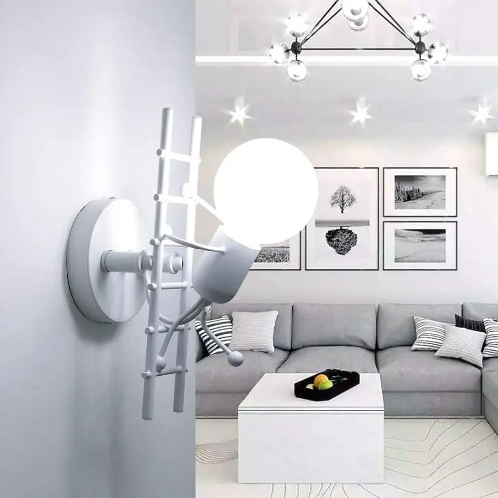 Modern black little man led wall light with white ladder design and spherical bulb for bedroom wall sconce lighting