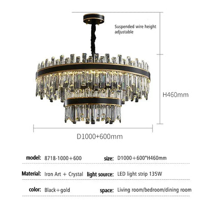 Elegant two-tiered modern black luxury crystal chandelier with gold iron frames and cascading clear prisms for dining room decorbites light luxury