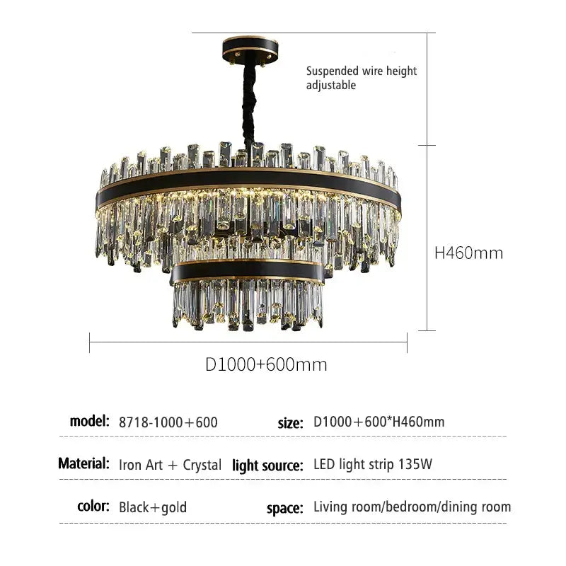 Elegant two-tiered modern black luxury crystal chandelier with gold iron frames and cascading clear prisms for dining room decorbites light luxury