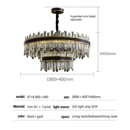 Elegant two-tiered modern black luxury crystal chandelier with gold accents and clear prisms for dining room decorbites light luxury