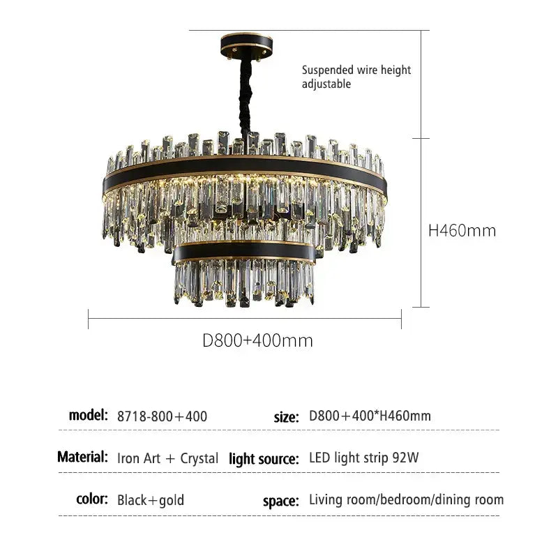 Elegant two-tiered modern black luxury crystal chandelier with gold accents and clear prisms for dining room decorbites light luxury