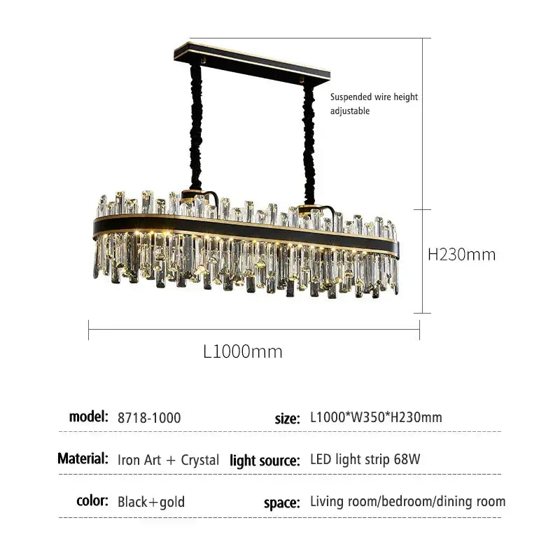 Modern black luxury crystal chandelier with gold oval frame and hanging crystal rods for dining room decorbites light luxury