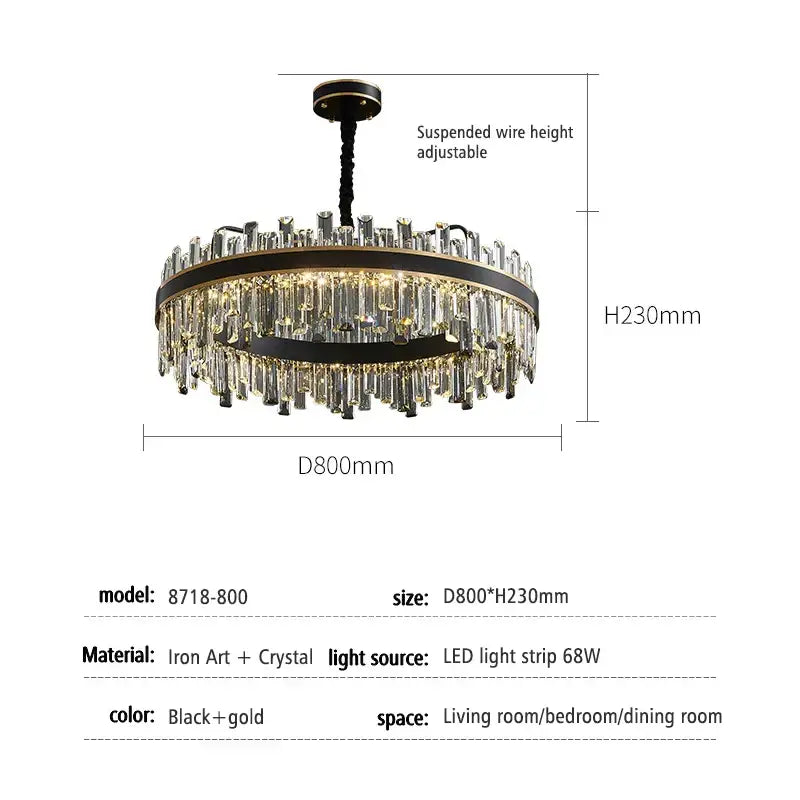 Modern black luxury crystal chandelier featuring black and gold iron art with dangling crystal accents for dining room decorbites light luxury
