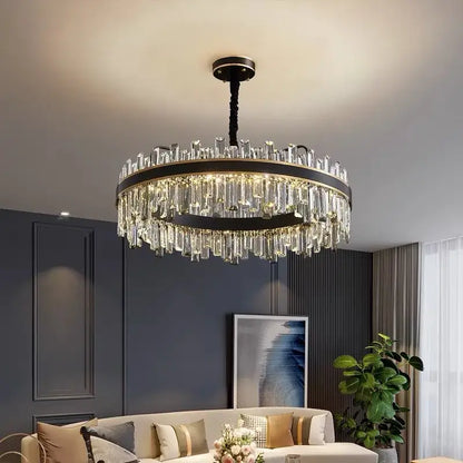 A modern black luxury crystal chandelier with clear glass prisms and black metal frame for dining room decorbites light luxury